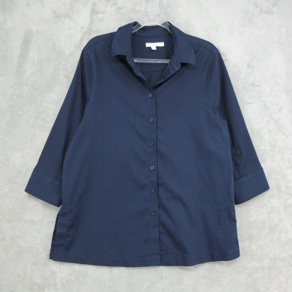 Chicos Shirt Womens Size 2 L Navy Blue Front Stretch Cotton Blend Minimalist